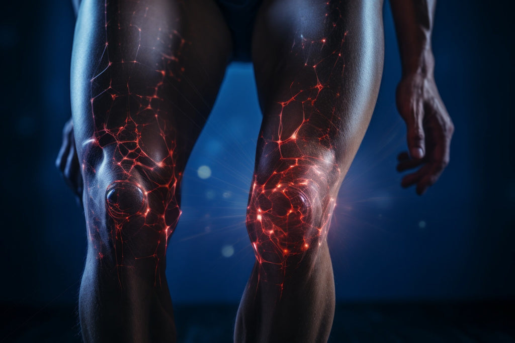 Close-up of human knee with illuminated red neural pathways, depicting joint health and skin surface.